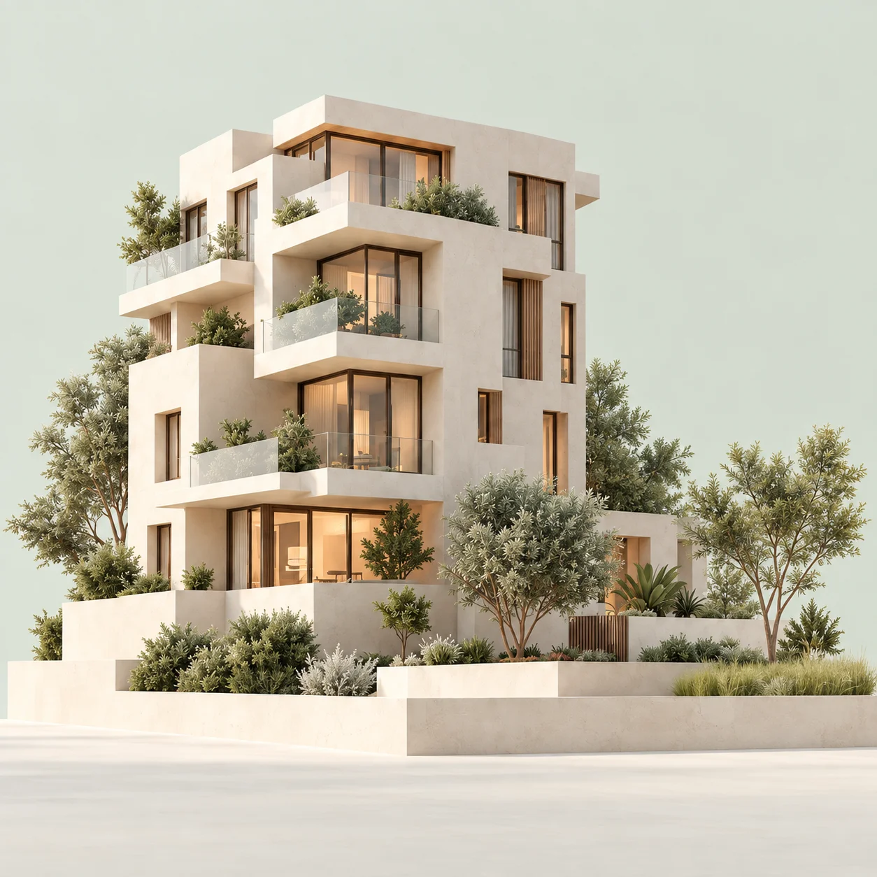 Illustration of a contemporary apartment building with landscaped terraces